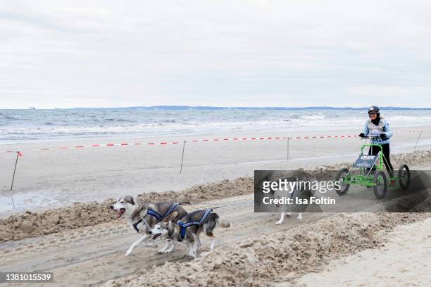 German TV host Anja Petzold participates the sled dog race as part of the "Baltic Lights" charity event on March 5, 2022 in Heringsdorf, Germany. The...