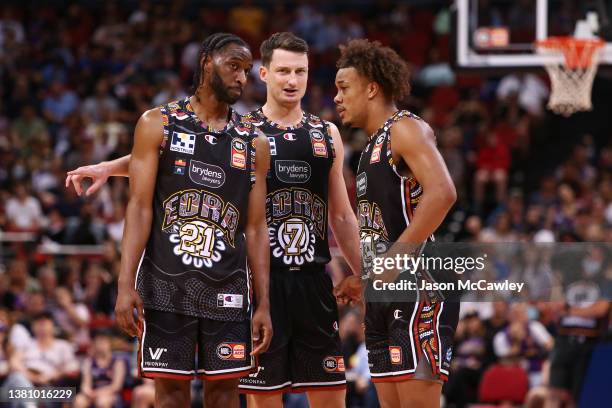 Ian Clark, Shaun Bruce and Biwali Bayles of the Kings during the round 14 NBL match between Sydney Kings and Cairns Taipans at Qudos Bank Arena on...