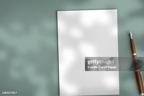 blank paper sheet cards with mockup copy space in flowers sunlight - book on table foto e immagini stock
