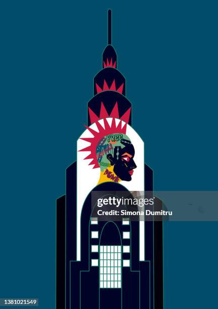 illustration of chrysler building with the head of a punkist for the building spikes - hip pop music stockfoto's en -beelden