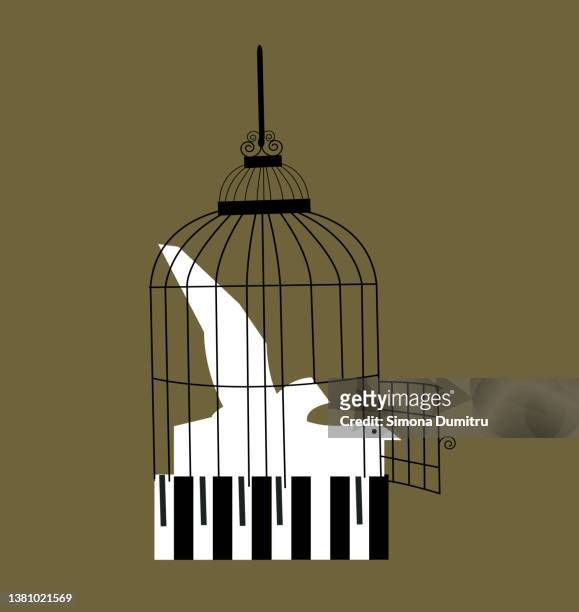 illustration of a piano as a bird isolated in  a bird cage - pianist vintage stock pictures, royalty-free photos & images