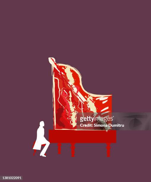 illustration of a piano in the shape of a raw piece of meat for the idea of consumerism - amateur theater fotografías e imágenes de stock