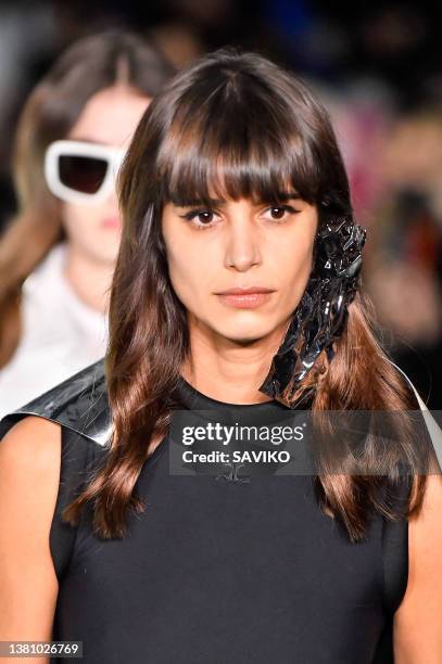 Mica Arganaraz walks the runway during the Courreges Ready to Wear Fall/Winter 2022-2023 fashion show as part of the Paris Fashion Week on March 1,...