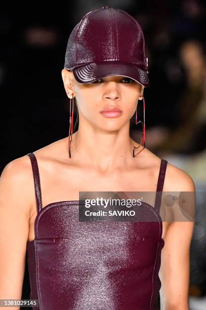 Model walks the runway during the Courreges Ready to Wear Fall/Winter 2022-2023 fashion show as part of the Paris Fashion Week on March 1, 2022 in...