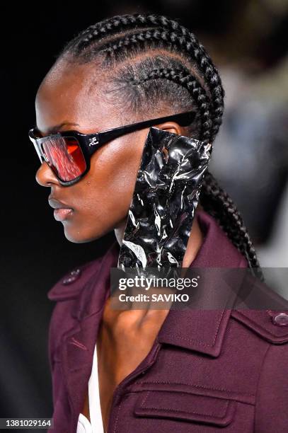 Model walks the runway during the Courreges Ready to Wear Fall/Winter 2022-2023 fashion show as part of the Paris Fashion Week on March 1, 2022 in...