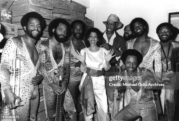 And funk band Con Funk Shun are joined by their percussionist Sheila Escovedo and actor Raymond St. Jacques backstage at the Hollywood Palladium on...