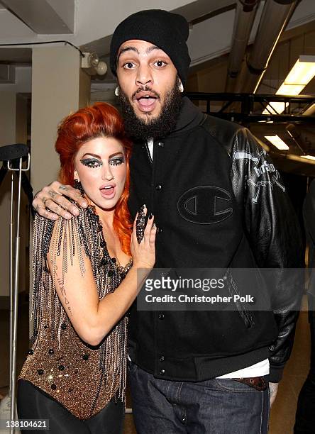 Singer Neon Hitch and singer Travie McCoy of Gym Class Heroes attend VH1's Super Bowl Fan Jam at Indiana State Fairgrounds, Pepsi Coliseum on...