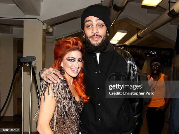 Singer Neon Hitch and singer Travie McCoy of Gym Class Heroes attend VH1's Super Bowl Fan Jam at Indiana State Fairgrounds, Pepsi Coliseum on...