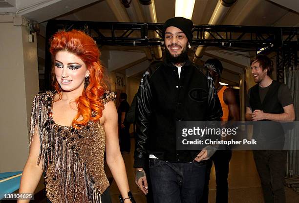 Singer Neon Hitch and singer Travie McCoy of Gym Class Heroes attend VH1's Super Bowl Fan Jam at Indiana State Fairgrounds, Pepsi Coliseum on...