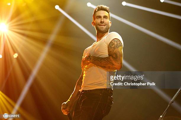 Singer Adam Levine performs onstage during VH1's Super Bowl Fan Jam at Indiana State Fairgrounds, Pepsi Coliseum on February 2, 2012 in Indianapolis,...