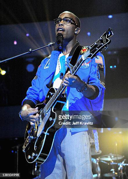 Musician B.o.B. Performs onstage during VH1's Super Bowl Fan Jam at Indiana State Fairgrounds, Pepsi Coliseum on February 2, 2012 in Indianapolis,...