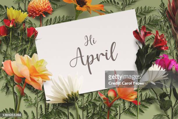 april message in paper. floral and green background - april fools day stock pictures, royalty-free photos & images