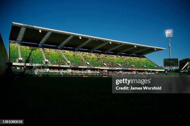 General view of HBF Park during the A-League Men's match between Perth Glory and Adelaide United at HBF Park, on March 06 in Perth, Australia.