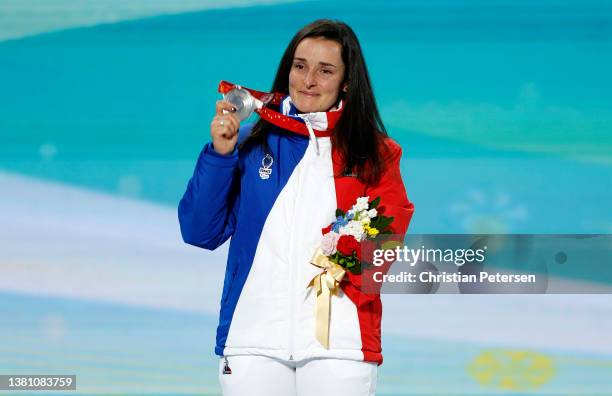 Silver medallist Marie Bochet of Team France poses during the Para Alpine Skiing Women’s Super G Standing medal ceremony on day two of the Beijing...