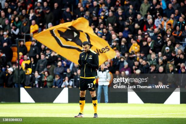 Romain Saiss of Wolverhampton Wanderers takes a moment to pray ahead of the Premier League match between Wolverhampton Wanderers and Crystal Palace...