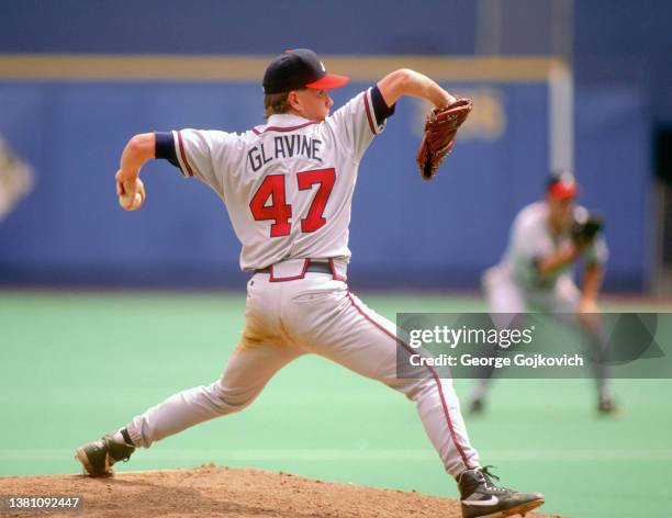 Pitcher Tom Glavine of the Atlanta Braves pitches against the Pittsburgh Pirates during a Major League Baseball game at Three Rivers Stadium in 1994...