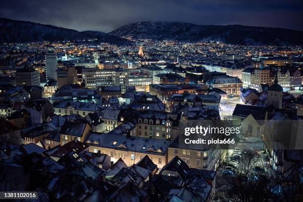 night in bergen after a heavy snow, wide cityscape - blizzard bildbanksfoton och bilder