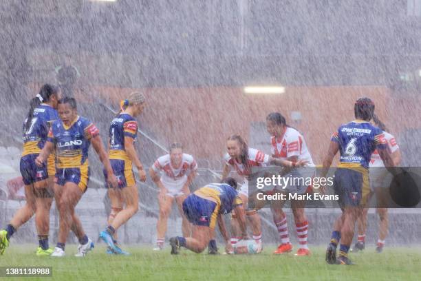 General view of play in torrential rain during the round two NRLW match between the St George Illawarra Dragons and the Parramatta Eels at WIN...