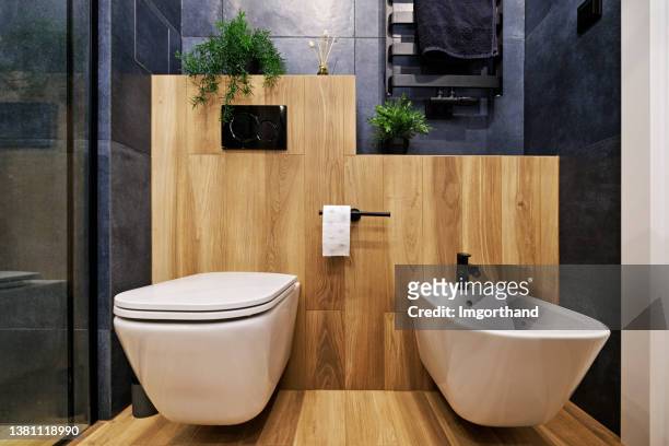 dark blue modern luxury bathroom. - bathroom pot plant stock pictures, royalty-free photos & images