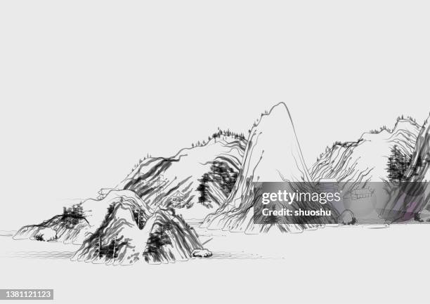 black and white traditional chinese landscape painting illustration,mountain trees and flowing river - chinese landscape painting stock illustrations