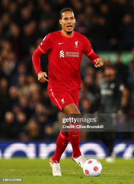 Virgil Van Dijk of Liverpool on the ball during the Premier League match between Liverpool and West Ham United at Anfield on March 05, 2022 in...