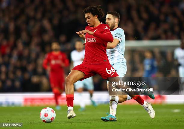 Trent Alexander-Arnold of Liverpool moves forward with the ball during the Premier League match between Liverpool and West Ham United at Anfield on...