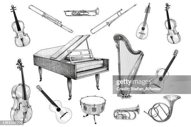 vektorzeichnungen verschiedener musikinstrumente: violine, posaune, trompete, laute, klavier, harfe, cello, gitarre, trommel, waldhorn - saiteninstrument stock-grafiken, -clipart, -cartoons und -symbole