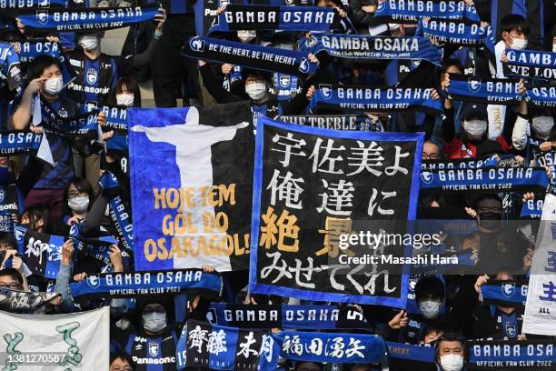 Supporters of Gamba Osaka cheer prior to the J.LEAGUE Meiji Yasuda J1 3rd Sec. Match between Gamba Osaka and Kawasaki Frontale at Panasonic Stadium...