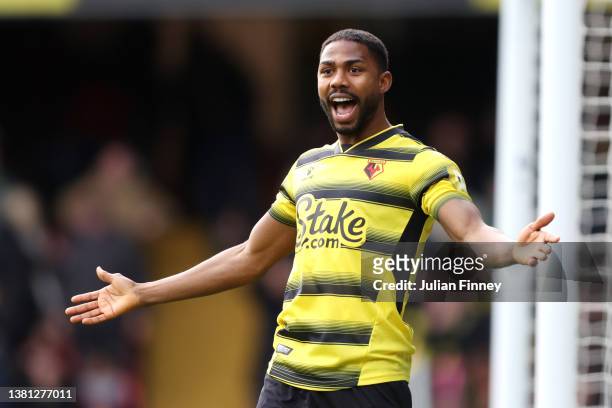 Emmanuel Dennis of Watford FC reacts after scoring his sides goal later disallowed by VAR during the Premier League match between Watford and Arsenal...