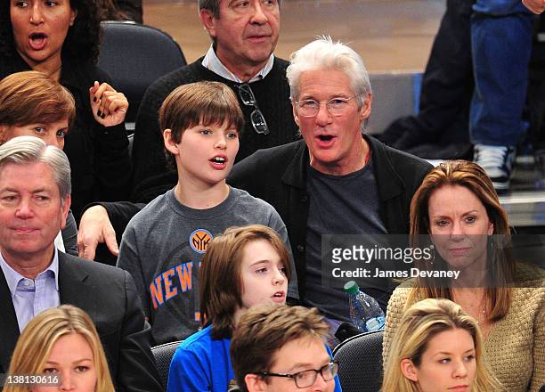 Homer James Gere and Richard Gere attend the Chicago Bulls VS New York Knicks at Madison Square Garden on February 2, 2012 in New York City.