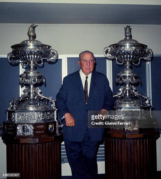 Santiago Bernabeu, President of the soccer team 'Real Madrid', in the trophy room of his team, with two 'European Cups' Madrid.