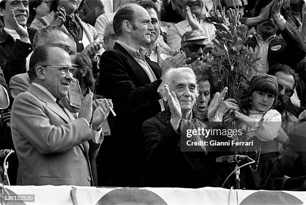 Santiago Carrillo and Dolores Ibarruri La Pasionaria in 9º Congress of the Spanish Communist Party, 20th April 1978, Madrid, Spain.