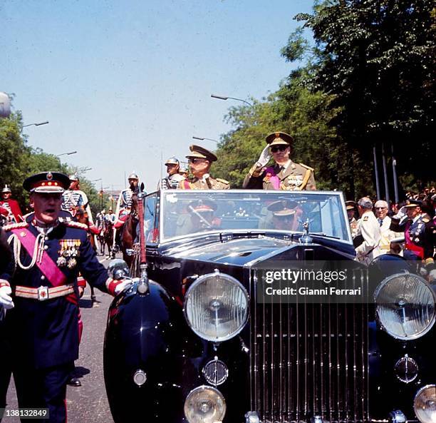 The dictator Francisco Franco and Prince Juan Carlos de Borbon on the victory parade Madrid.