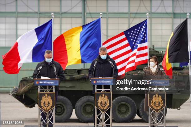 Romanian president Klaus Iohannis , Romanian Defence Minister Nicolae Ciuca and French Defence Minister Florence Parly speak to NATO troops at Mihail...