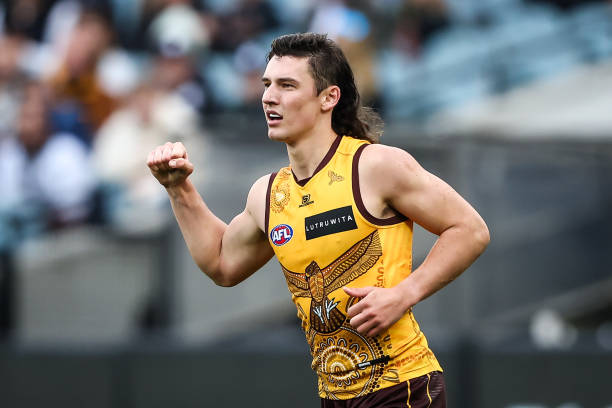 Connor Macdonald of the Hawks celebrates a goal during the 2023 AFL Round 16 match between the Hawthorn Hawks and the Carlton Blues at the Melbourne...