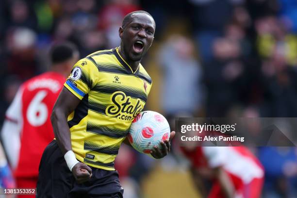 Moussa Sissoko of Watford FC celebrates after scoring their sides second goal during the Premier League match between Watford and Arsenal at Vicarage...