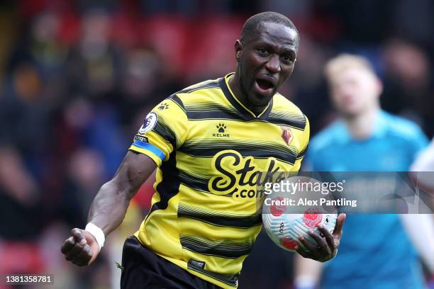Moussa Sissoko of Watford FC celebrates after scoring their sides second goal during the Premier League match between Watford and Arsenal at Vicarage...