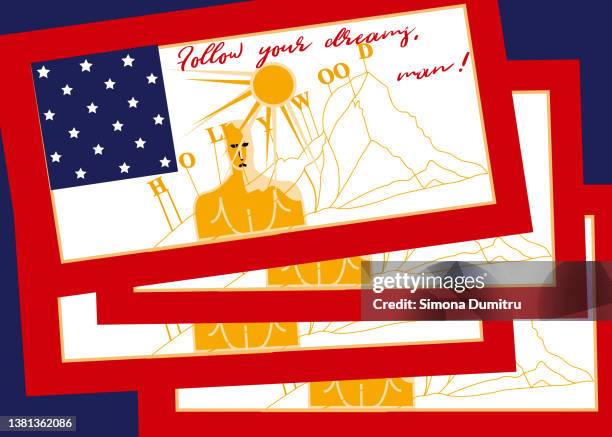 illustration of several cards displaying the oscar statue and making the national merican  flags - national design awards stock-fotos und bilder