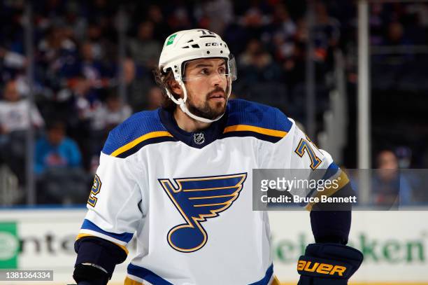 Justin Faulk of the St. Louis Blues skates against the New York Islanders at the UBS Arena on March 05, 2022 in Elmont, New York.