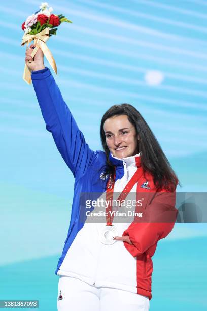 Silver medallist Marie Bochet of Team France poses during the Para Alpine Skiing Women’s Super G Standing medal ceremony on day two of the Beijing...