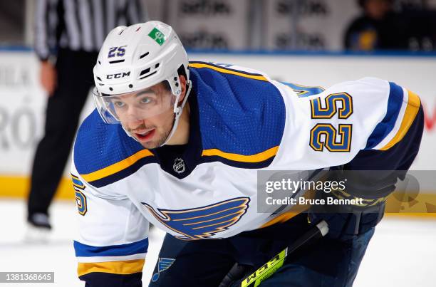 Jordan Kyrou of the St. Louis Blues skates against the New York Islanders at the UBS Arena on March 05, 2022 in Elmont, New York.