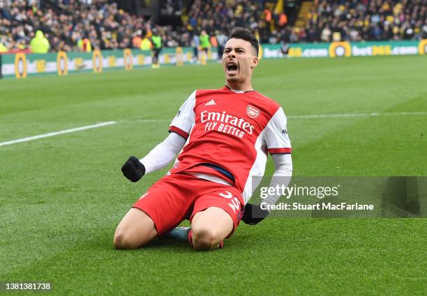 Gabriel Martinelli celebrates scoring the 3rd Arsenal goal during the Premier League match between Watford and Arsenal at Vicarage Road on March 06,...