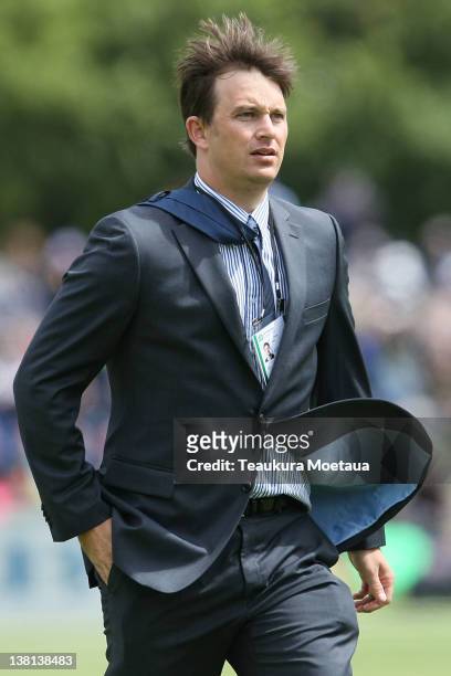 Shane Bond looks on during game one of the International One Day Series between New Zealand and Zimbabwe at University Oval on February 3, 2012 in...