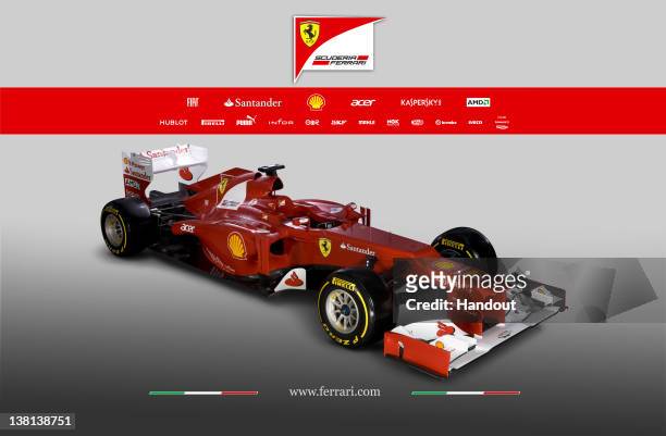 In this handout image provided by the Ferrari press office, the new Ferrari F2012 Formula one car is launched online on February 03, 2012.