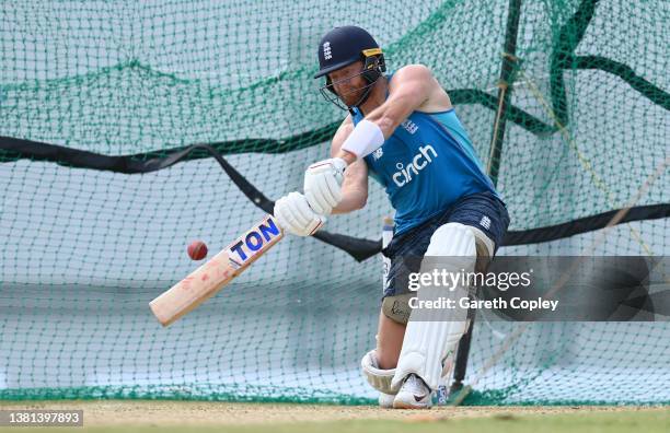 Jonathan Bairstow of England bats during a nets session at Sir Vivian Richards Stadium on March 06, 2022 in Antigua, Antigua and Barbuda.