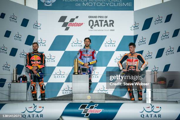 MotoGP podium with Enea Bastianini of Italy and Gresini Racing MotoGP , Brad Binder of South Africa and Red Bull KTM Factory Racing and Pol Espargaro...