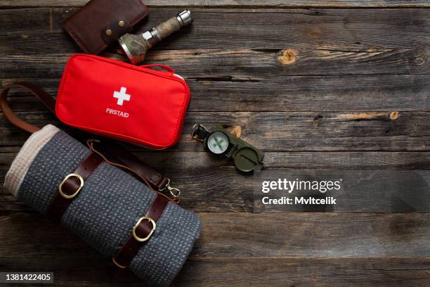 first aid kit and trekking equipment - leather bag stock pictures, royalty-free photos & images