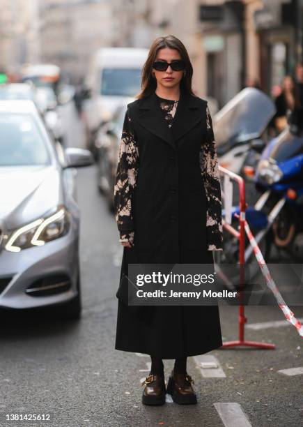 Sarah Lou Falk is seen outside Vivienne Westwood during Paris Fashion Week on March 05, 2022 in Paris, France.