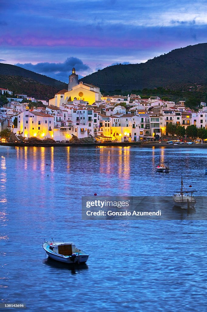 Fishing boats in Cadaques at night.