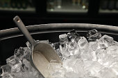 A photograph of a bucket of ice with a trowel